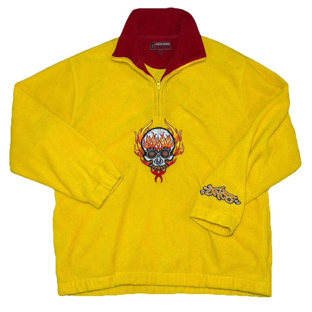 JNCO Jeans Yellow Fleece Pullover Big Flaming Skull Embroidered Mens XL